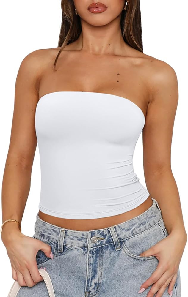 REORIA Women's Strapless Tube Top Double Lined & Non-Slip Y2K Backless Crop Tops for Summer Going... | Amazon (US)