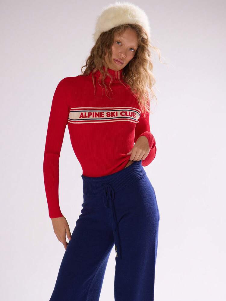 MUSERA High Neck ' Ski Club' Knitted Stripe Fitted Jumper Autumn Fall Winter Ski Vacation Christmas Lounge Holidays New Year | SHEIN