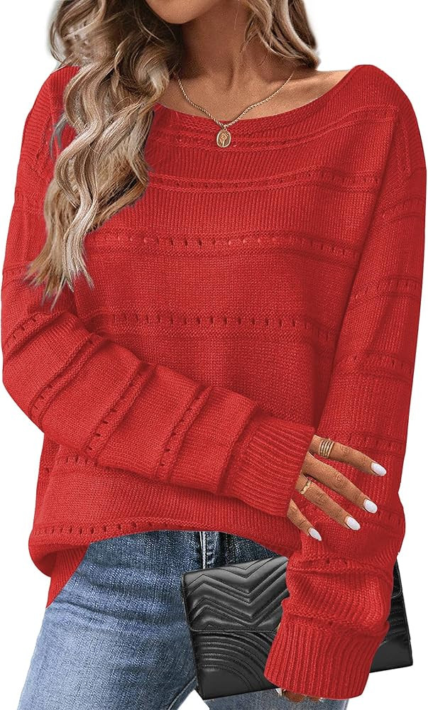 Zeagoo Womens Sweaters Cute Long Sleeve Off The Shoulder Pullover Tops Hollow Out Crochet Dressy ... | Amazon (US)