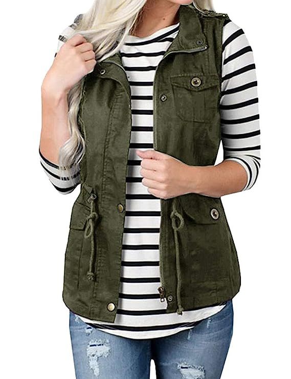 Nlife Women Casual Zipper up Military Jacket Vest Coat Stripe Tunic Blouse Top | Amazon (US)