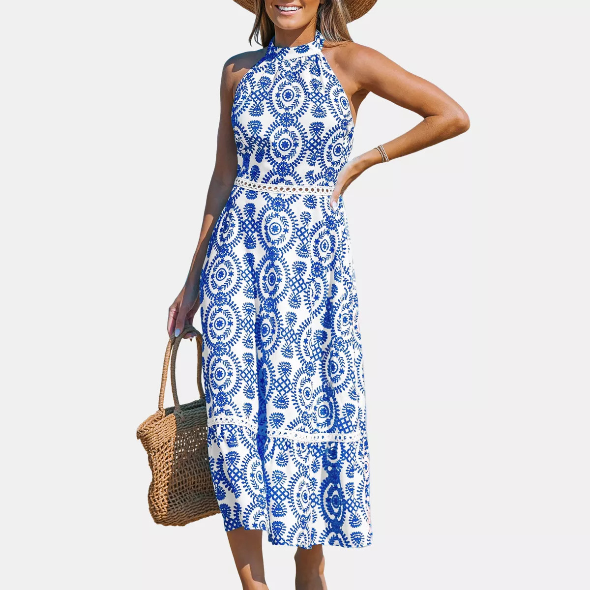 Women's Woven High Neck Floral Sleeveless Midi Dress - Cupshe-M-Blue | Target
