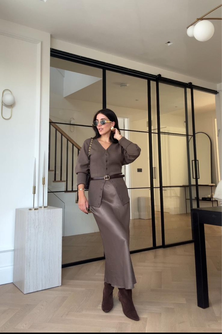 Autumn Outfit / Fall Fashion / Suede Boots / Chocolate Brown / Chunky Knits/ Brown Cardigan / Satin Skirt / Silk Skirt / & Other Stories / Mango Belt / Oval Sunglasses / day to night outfit / modest style / Oversized Jumper 

#LTKautumn #LTKeurope #LTKuk