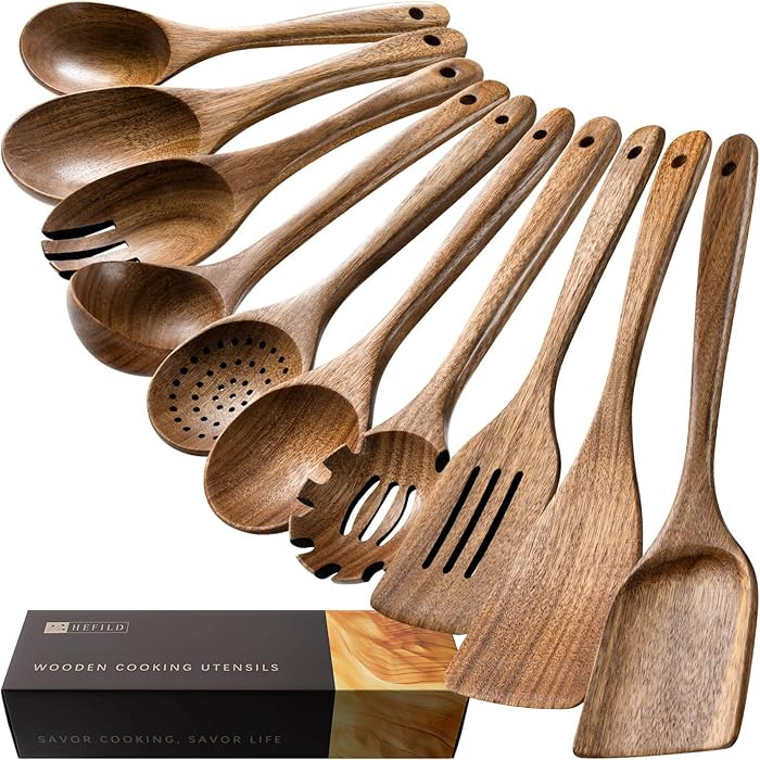 Wooden Spoons for Cooking, Nonstick Cooking Utensil Set with 10 Piece Acacia Wooden Spatulas and ... | Amazon (US)