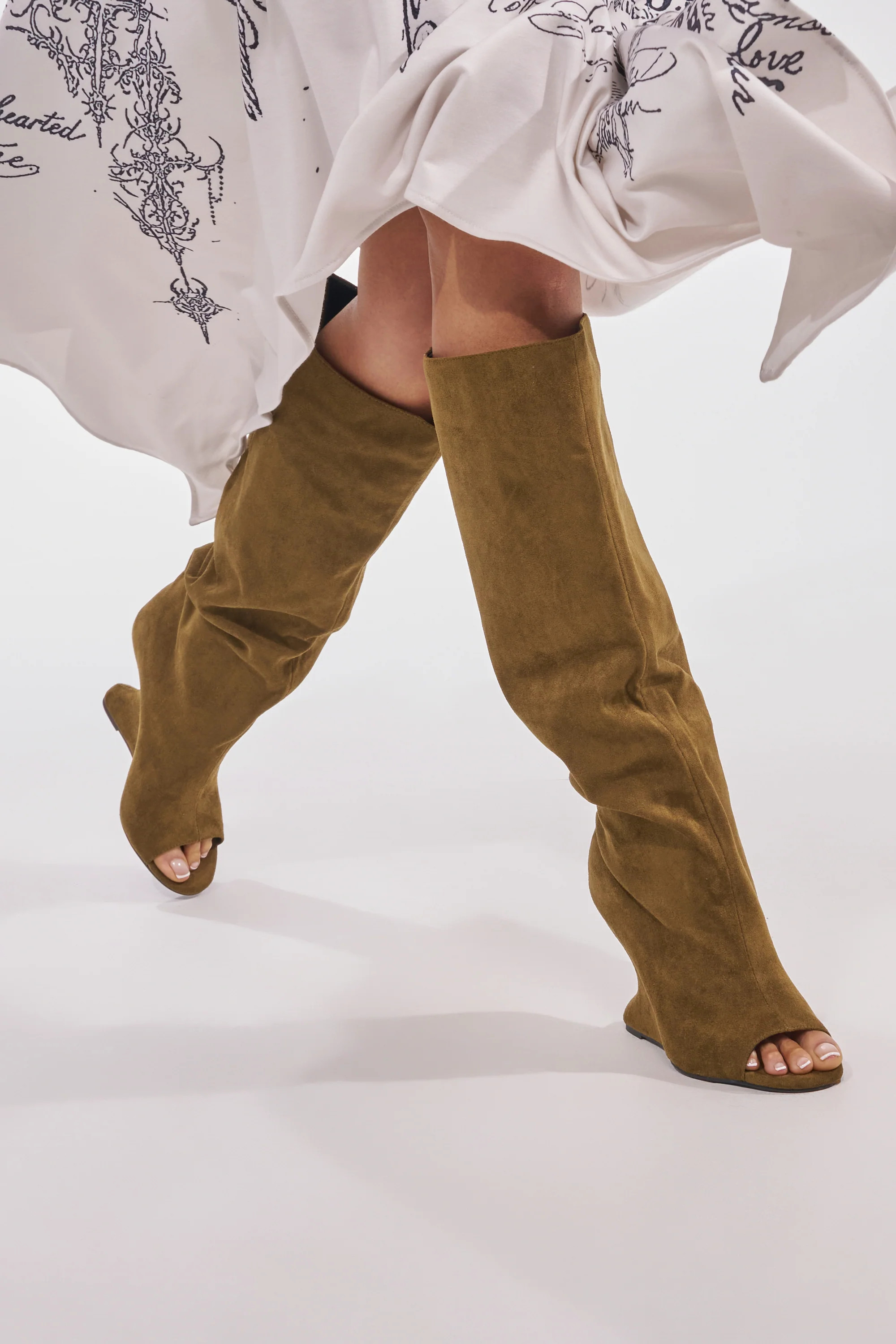 AZALEA WANG VINCENT OLIVE FAUX SUDED OPEN TOE WEDGE BOOT | AKIRA
