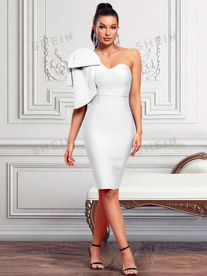 White One Shoulder Bow Decor Elegant Bandage Dress | SHEIN