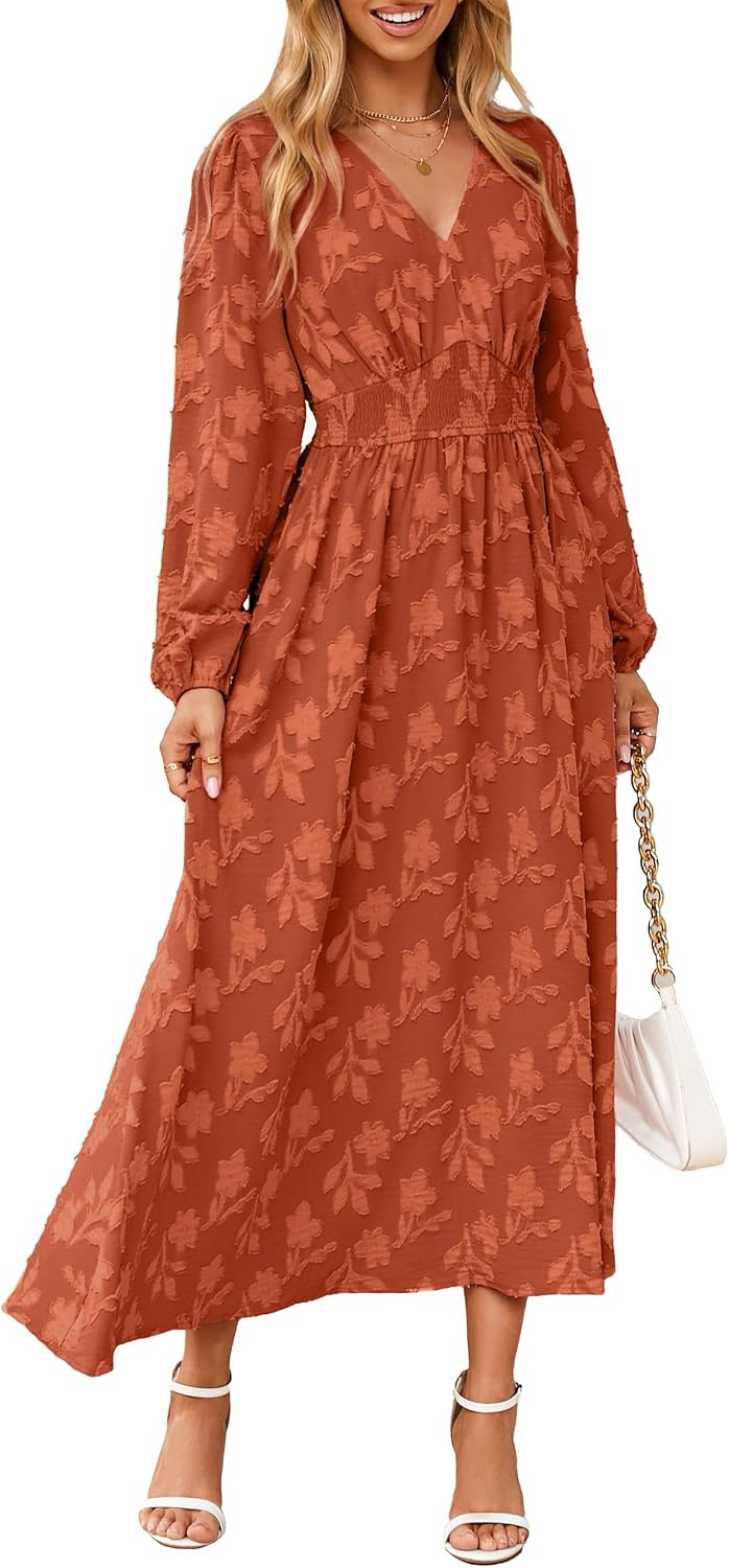 Simplee Womens Boho Floral Long Sleeve Maxi Dress V Neck Empire Waist Fall Wedding Guest Dresses with Pockets | Amazon (US)