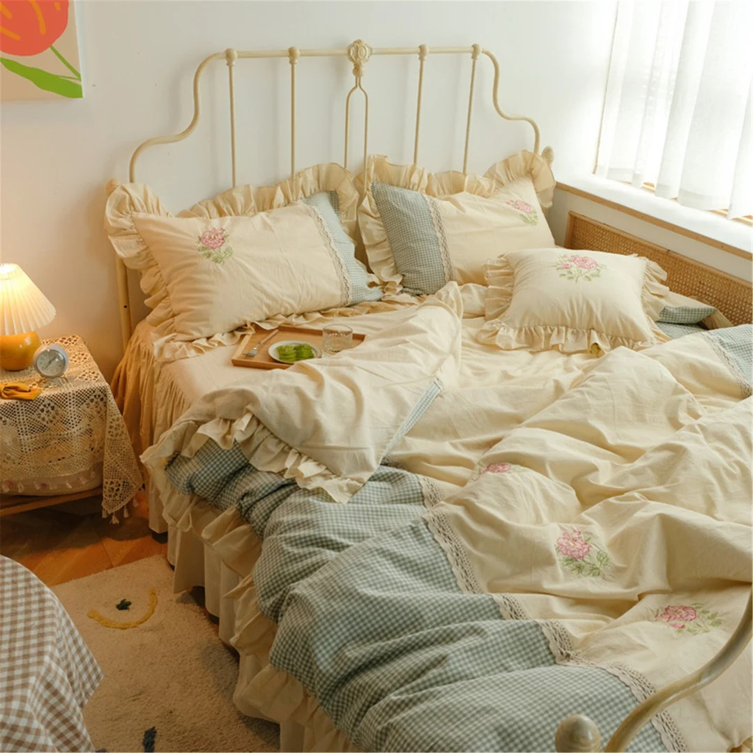 Retro Korean Princess Style Ruffle 100% Cotton Duvet Cover Set, Embroidery Flower Bedding Set,Ful... | Etsy (US)