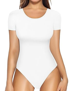 MANGOPOP Short Sleeve Body Suits Women Round Neck Bodysuits for Women Ribbed Bodysuit Shirts | Amazon (US)