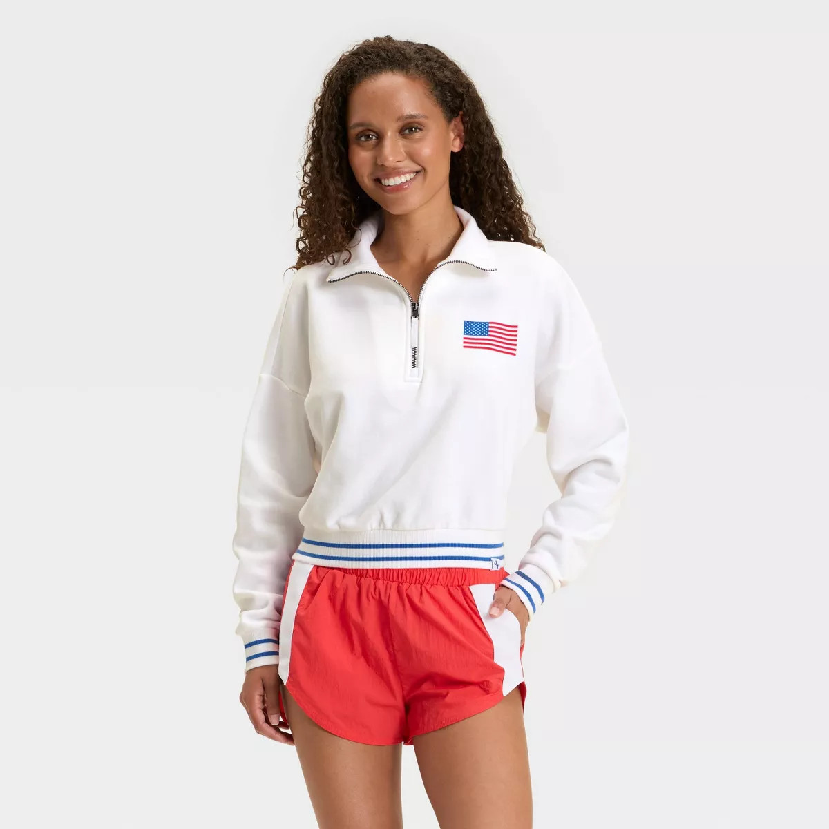 Women's 4th of July Flocked Flag French Terry 1/2 Zip Sweatshirt - JoyLab™ White | Target