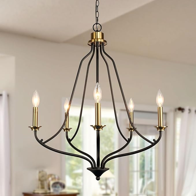 Matt Black & Brass Chandelier 5-Light, 25" Brushed Gold Modern Farmhouse Pendant Lighting for Kit... | Amazon (US)