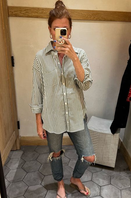 This Bennet Buttondown shirt comes in tons of stripes, solids or prints. The perfect oversized shirt for fall. I am in a small and know this is going to be part of my fall uniform and work with a bump too! I am wearing the Green Motif stripe.

#LTKxAnthro #LTKbump