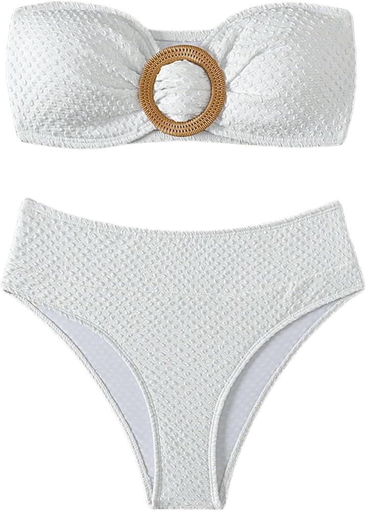 SHENHE Women's Strapless 2 Piece Swimsuits High Waist Textured Ring Vacation Bikini Set | Amazon (US)