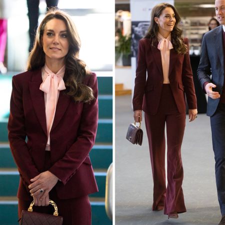 Kate wearing Roland Mouret #pants #suit #work #business #burgundy #velvet #bow #ootd #express