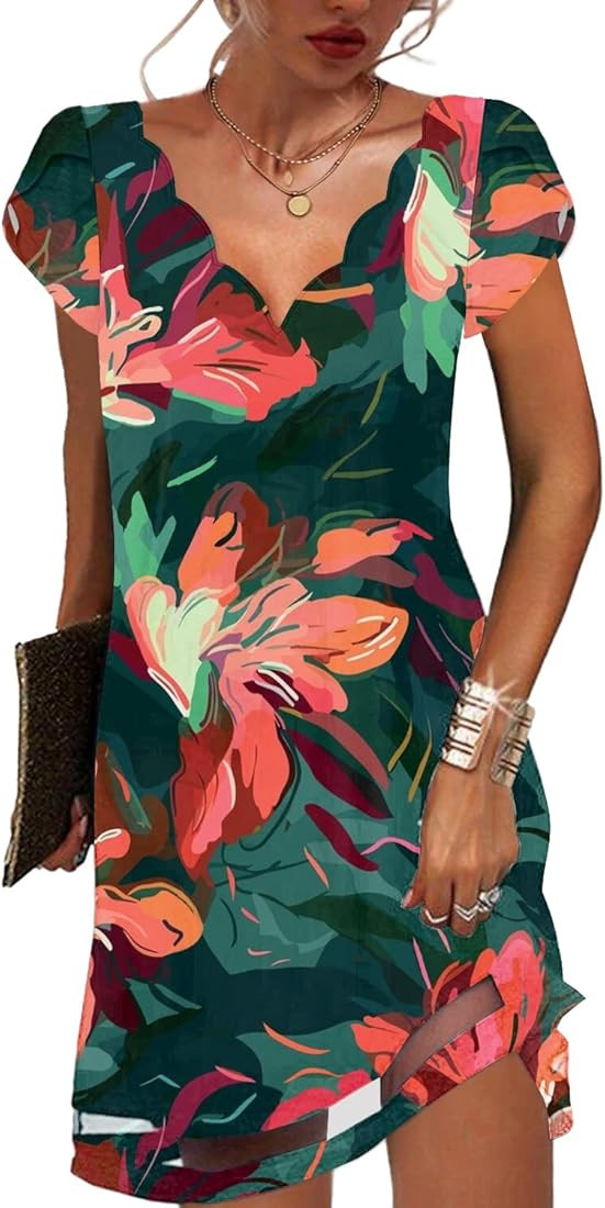 Summer Dresses for Women Petal Short Sleeve V-Neck Beach Dress Floral Print Dressy Casual Sun Dre... | Amazon (US)