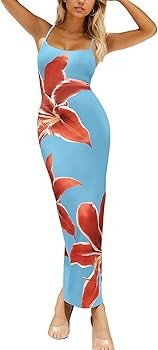 Women's Sexy Floral Print Maxi Dress Spaghetti Strap Backless Slim Flit Bodycon Long Dresses Part... | Amazon (US)