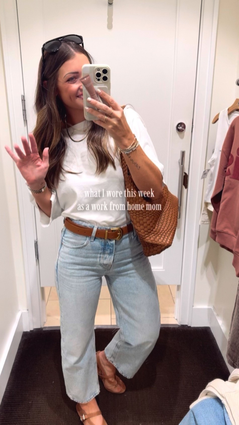 24 jeans — I went down 2 sizes for a fitted look!!! If you want them baggy like the model you can get your true size. Small tee. I have this in 5 colors! So good. And the jeans in 2 washes! They’re fabulous. I had 2 women stop me today ab them!!! 

