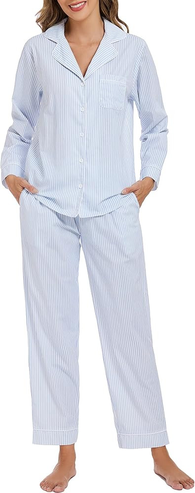 LUBOT 100% Cotton Pajamas for Women Poplin Woven PJ Set 2 Piece with Pockets Button Long Sleeve P... | Amazon (CA)