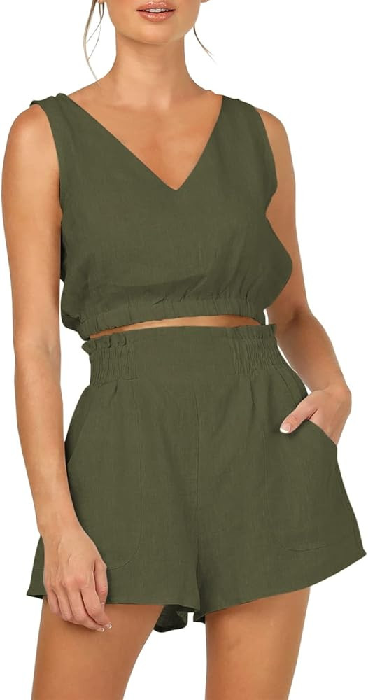 Eurivicy Women's 2 Piece Outfits Sleeveless Crop Tank Top and High Waist Pocketed Shorts Loose Su... | Amazon (US)