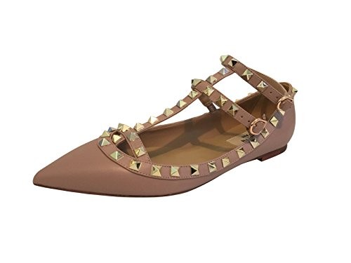 Kaitlyn Pan RockStud Strappy Ballerina Leather Flats (9.5US/ 40.5EU/ 42CN, Poudre Matte/Nude Straps/ | Amazon (US)