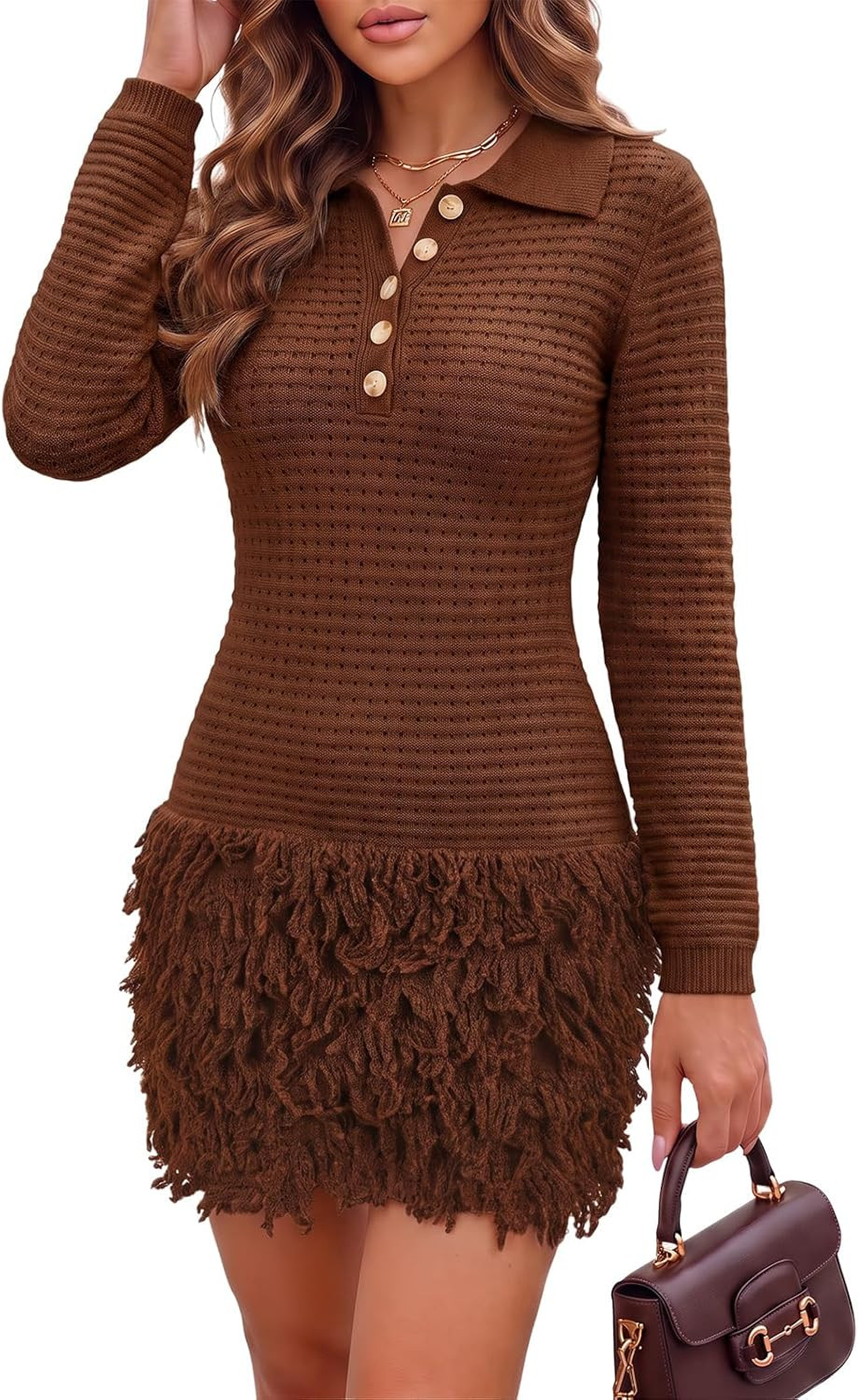 Wenrine Womens Fringe Sweater Dress Button Collared Fall Knit Pullover | Amazon (US)