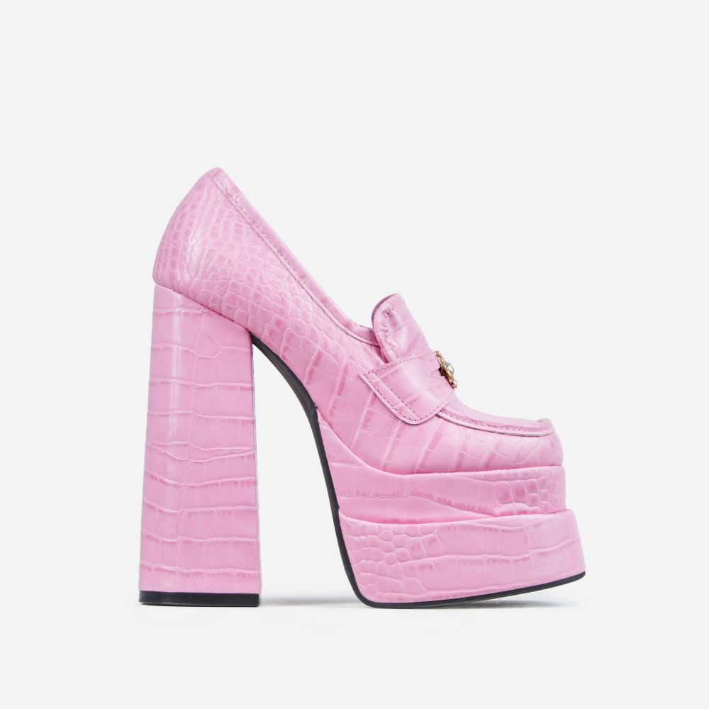 Spice-Girl Pendant Detail Closed Square Toe Extreme Platform Loafer Heel In Pink Croc Print Faux ... | EGO Shoes (US & Canada)