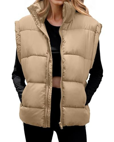 Polu Womens Puffer Vests Oversized Outerwear Vests Stand Collar Sleeveless Padded Puffer Jackets with Pockets(Khaki,L) | Amazon (US)