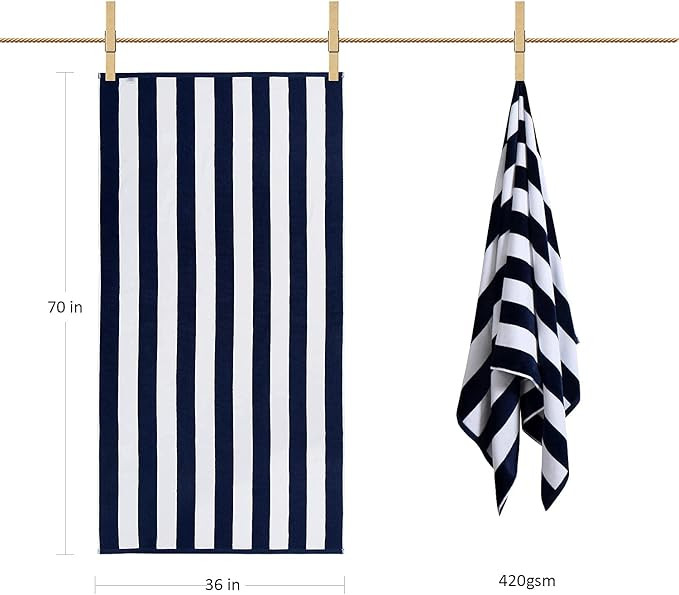 LULUHOME Plush Oversized Beach Towel - Fluffy Cotton Thick 36 x 70 Inch Navy Blue Striped Pool To... | Amazon (US)