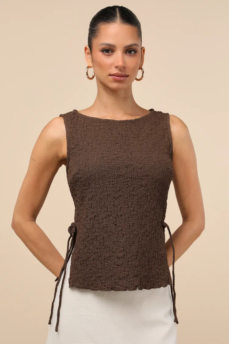 Bizzy Brown Textured Side-Tie Tank Top | Lulus
