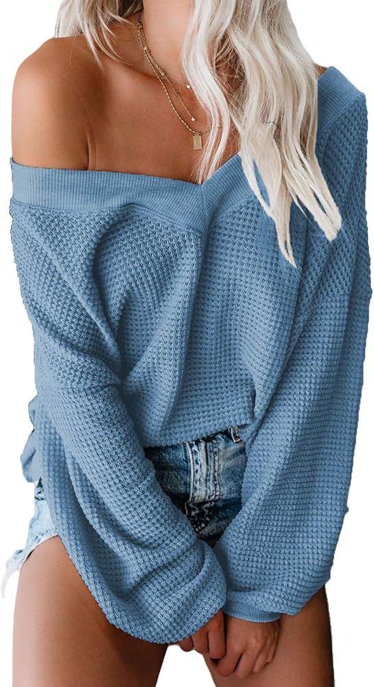 Aleumdr Women's V Neck Long Sleeve Waffle Knit Sweater Off Shoulder Pullover Jumper Tops | Amazon (US)