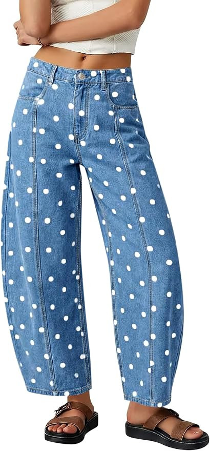 Tankaneo Womens Polka Dot Barrel Jeans High Waisted Wide Leg Denim Pants | cotton, vintage, boyfr... | Amazon (US)