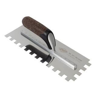 QEP 1/2 in. x 1/2 in. x 1/2 in. Cork Handle XL Stainless Steel Square-Notch Flooring Trowel-49952... | The Home Depot