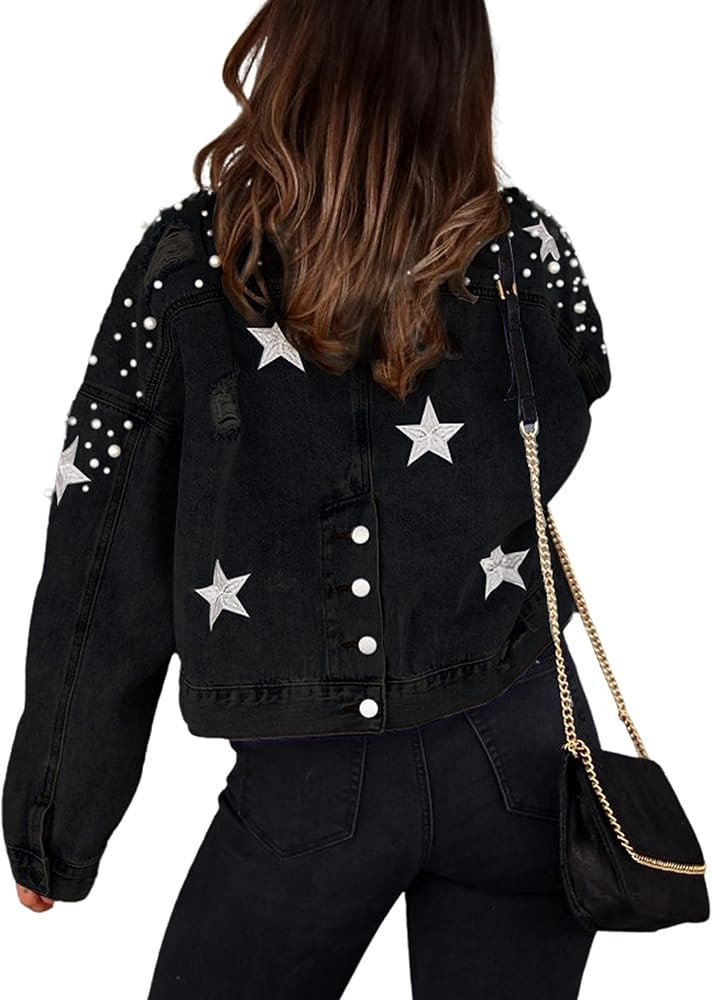Esmeling Womens Cropped Pearls Beading Jean Jacket Ripped Star Embroidered Denim Jacket Coat | Amazon (US)