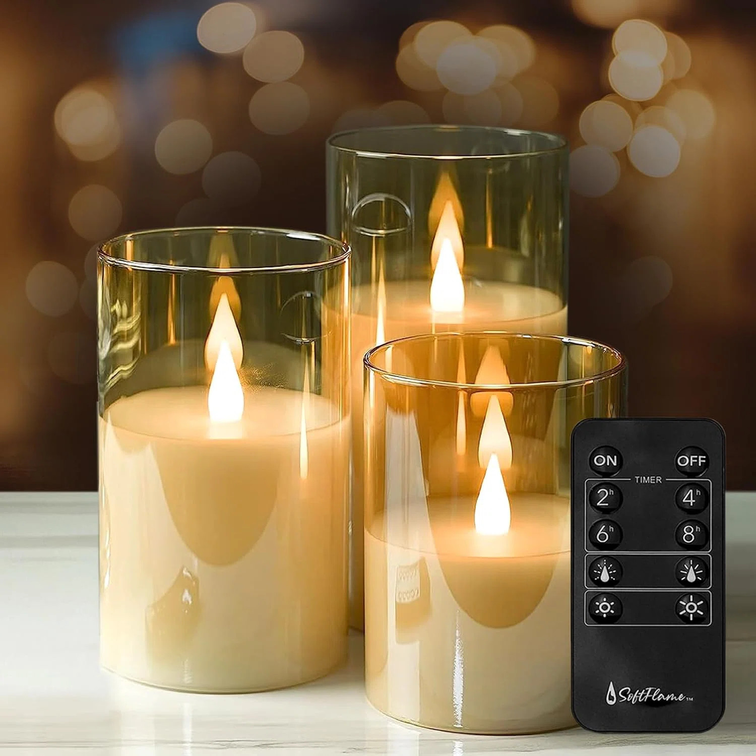 Symple Stuff Flickering Flameless Gold Glass LED Candle,Set of 3: 3"x 4",3" x 5",3" x 6", with Re... | Wayfair North America
