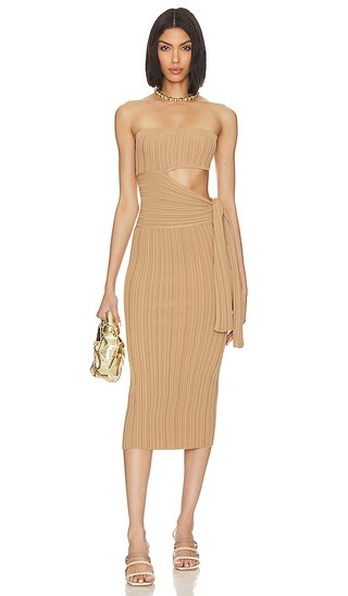 Katell Wrap Tie Midi Dress in Tan | Revolve Clothing (Global)