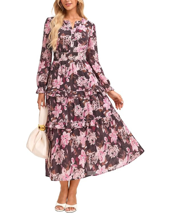 GRACE KARIN Women's Long Sleeve Fall Wedding Guest Floral Dress | 2026 V Neck,Pockets,Smocked Tie... | Amazon (US)
