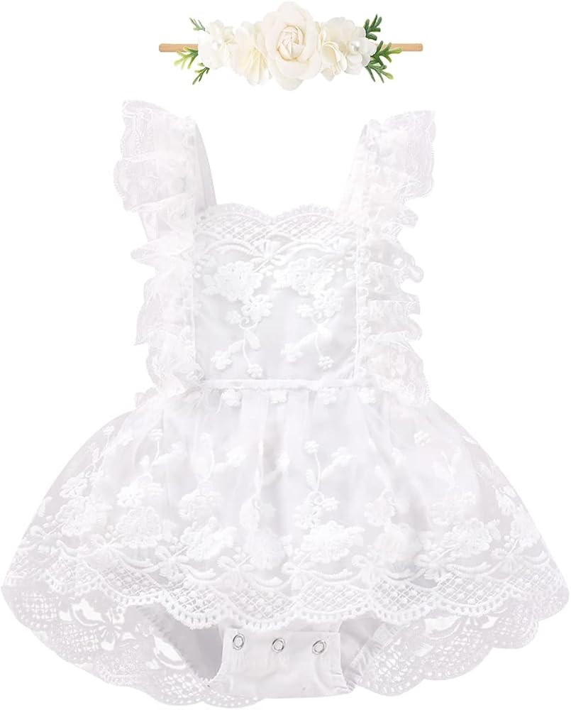 ODOLDI Baby Girl Ruffle Sleeve Floral Lace Romper Tutu Dress Toddler Backless Summer Bodysuit +He... | Amazon (US)
