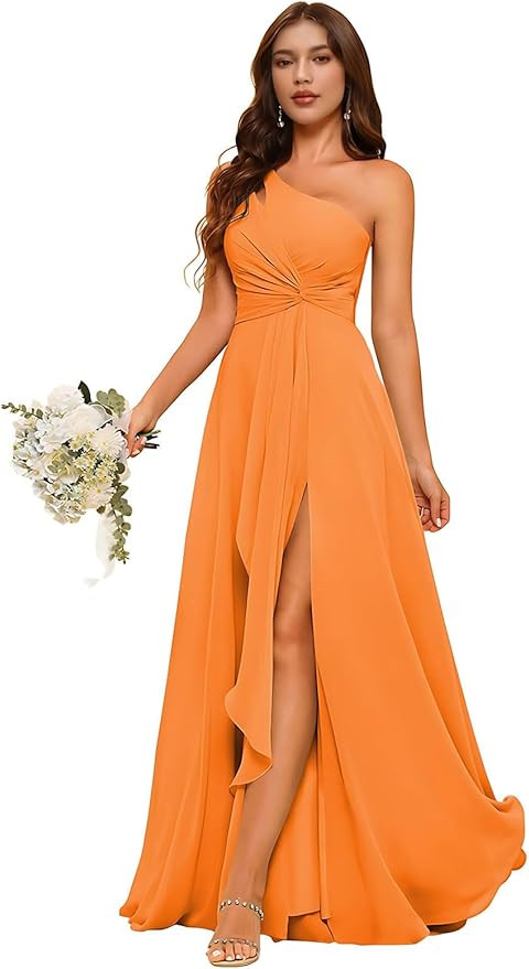 Chiffon One Shoulder Bridesmaid Dresses with Slit A-Line Pleated Prom Dress Long Evening Dresses ... | Amazon (US)