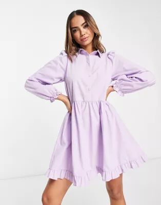Miss Selfridge frill hem poplin mini smock dress in lilac | ASOS (Global)