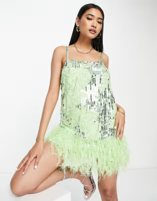 ASOS EDITION floral sequin and bead mini dress with faux feather hem in apple green | ASOS | ASOS (Global)