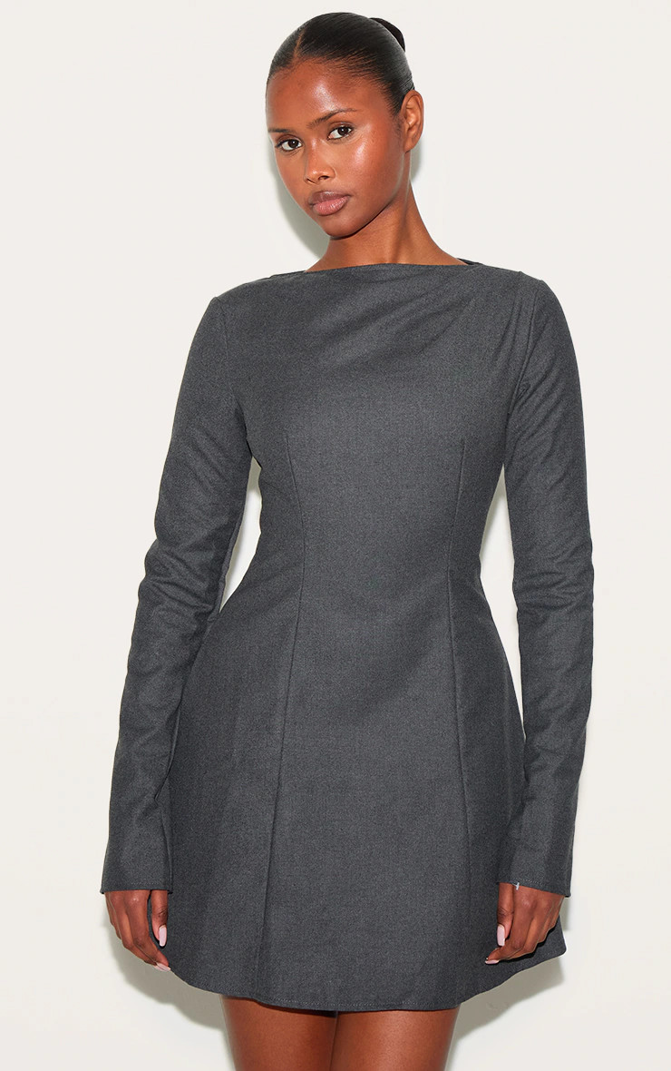 Grey Structured Woven Boat Neck Shift Dress | PrettyLittleThing US