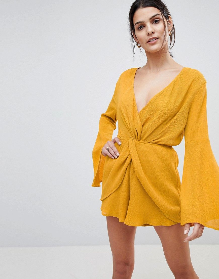 Lioness Wrap Knot Front Romper With Bell Sleeve Detail - Yellow | ASOS US