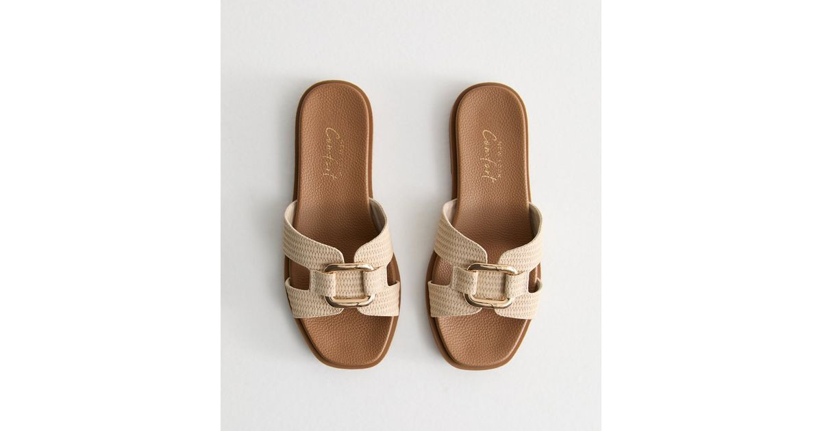 Wide Fit Off White Raffia Hardware Strap Sandals | New Look | New Look (UK)
