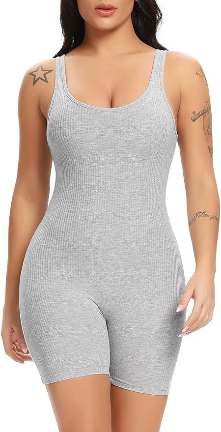 Fanuerg Womens Summer Sexy Ribbed Sleeveless Bodycon Rompers Shorts Jumpsuits | Amazon (US)