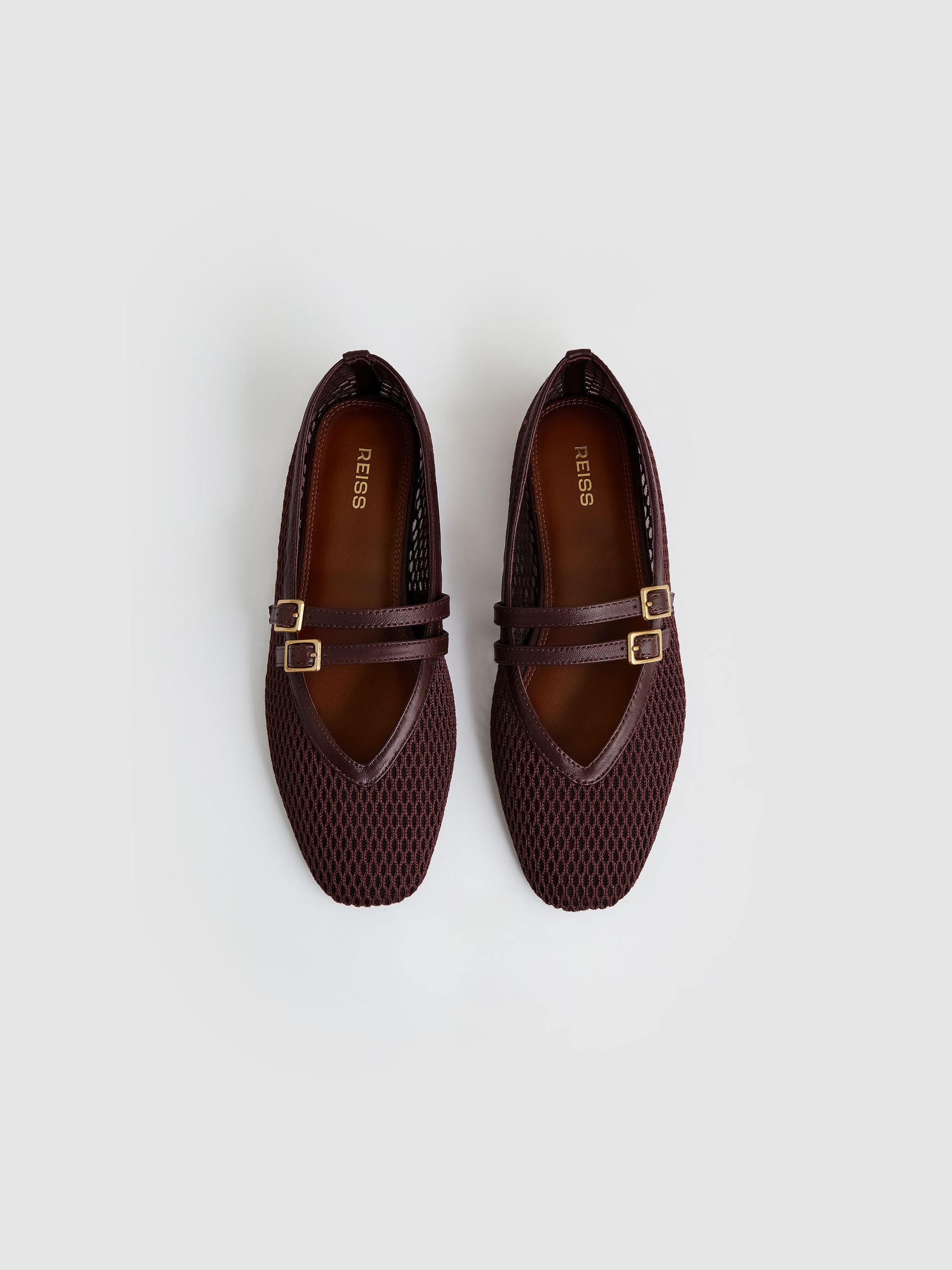Reiss Mesh Double-Strap Ballet Flats in Oxblood - REISS | Reiss UK