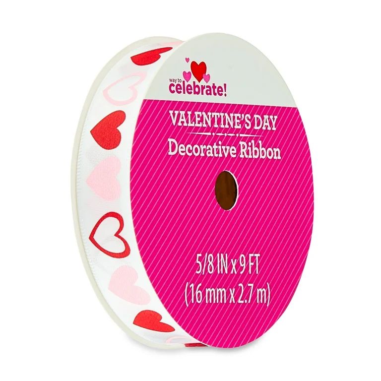 Valentine's Day White Satin Polyester Ribbon, 5/8" x 9', by Way To Celebrate | Walmart (US)