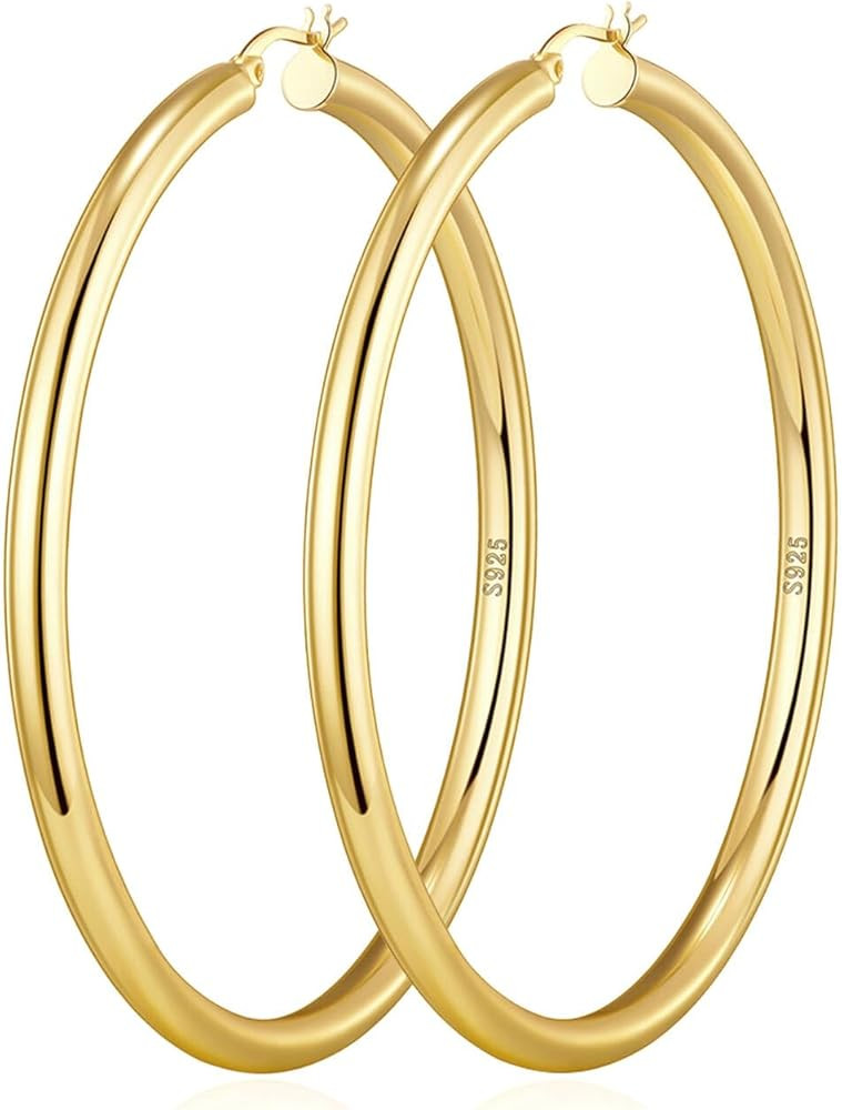 4mm Thick Gold Chunky Earrings Steling Silver Post Hoops Earrings For Women Hollow Tube Hoops Ear... | Amazon (US)