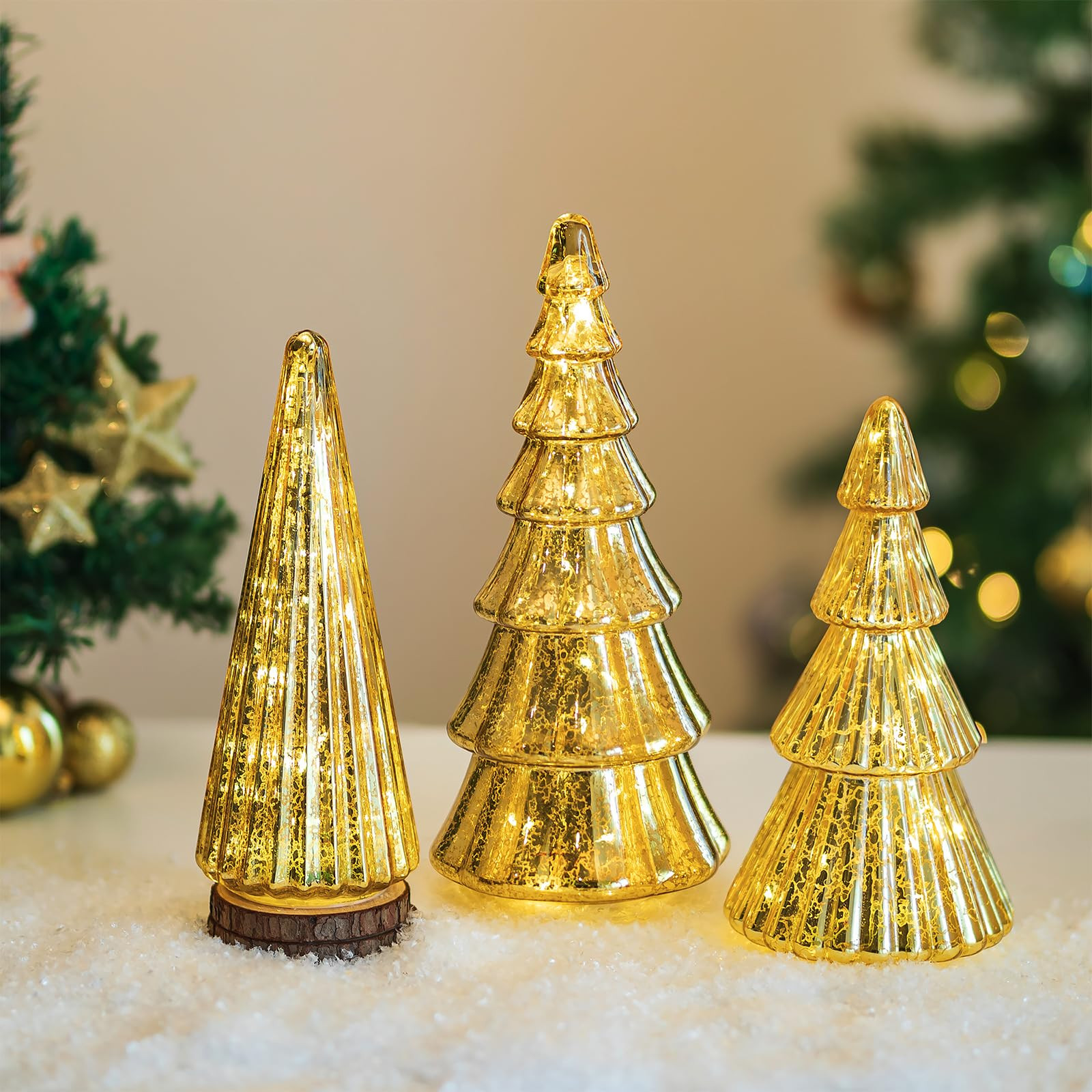 Hewory Mercury Glass Christmas Tree: Set of 3 Gold Table Top Christmas Ornaments Trees with LED L... | Amazon (US)