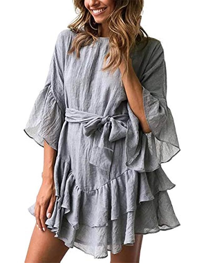 PRETTYGARDEN Women’s Casual Solid Color O-Neck 3/4 Bell Sleeve Ruffle Swing A Line Mini Dress Sundre | Amazon (US)