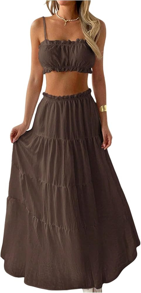 WDIRARA Women's 2 Piece Vacation Outfits Ruffle Micro Crop Camisole Flowy Long Skirts Sets | Amazon (US)