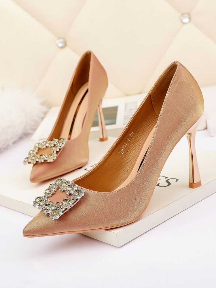 Rhinestone Decor Satin Stiletto Court Heels | SHEIN